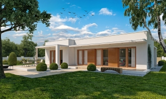 Maison de famille de luxe en maçonnerie avec 4 pièces, toit plat et stationnement couvert. L'espace de vie fait face à la terrasse de jardin.